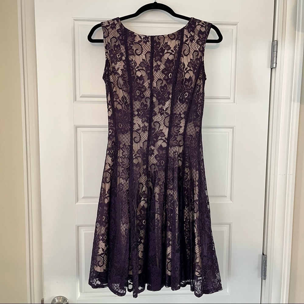 CB Plum Purple Lace Overlay Nude Lining Sleeveless Fancy Fit & Flare Short Dress